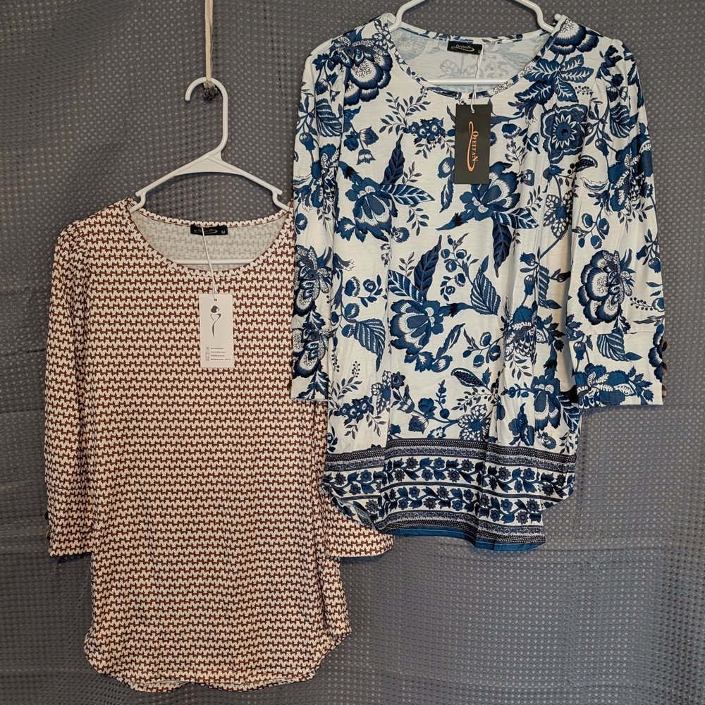 Elegant Women's Long Sleeve Tops - 1 Blue Floral and 1 Burgandy Pattern.